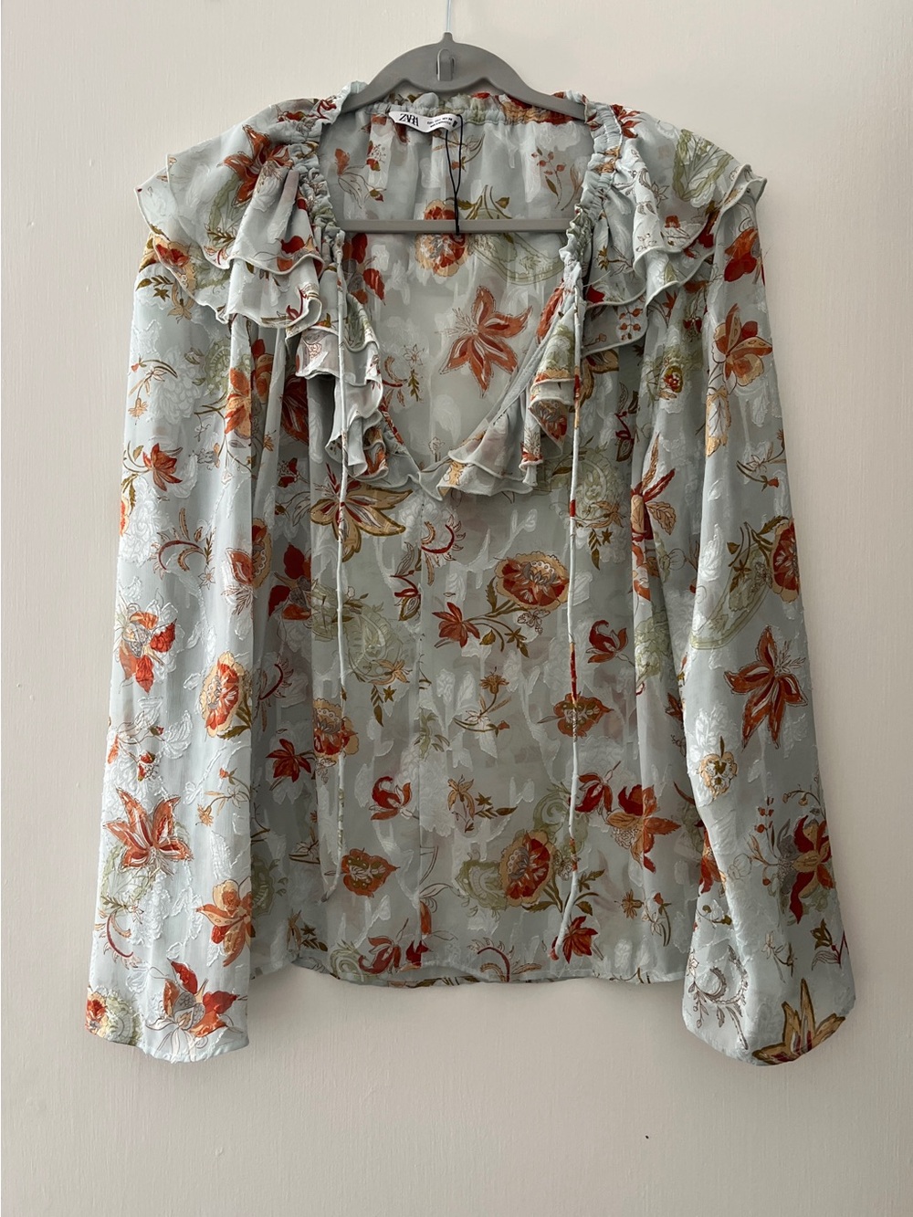 Zara Pale Blue Floral Ruffle Tie-Neck Blouse